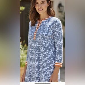 J. MCLAUGHLIN COASTAL TUNIC-GEOMETRIC PRINT MANDARIN COLLAR RESORT WEAR SHIRT LG